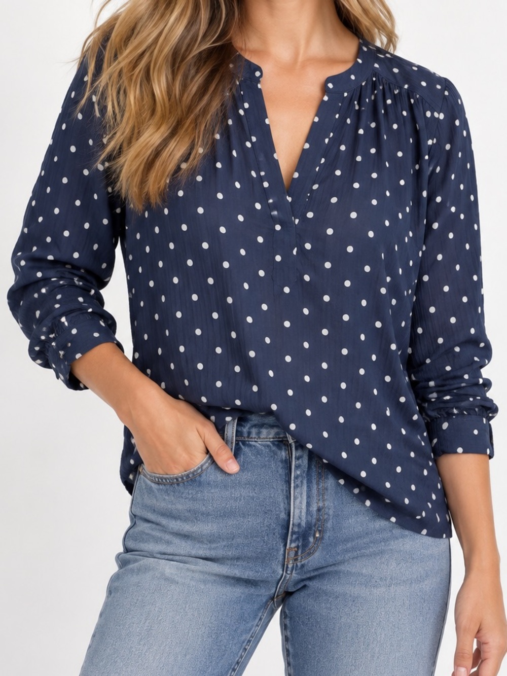 Carve Designs Organic Cotton Navy Polka Dot V-Neck Blouse Women’s Medium